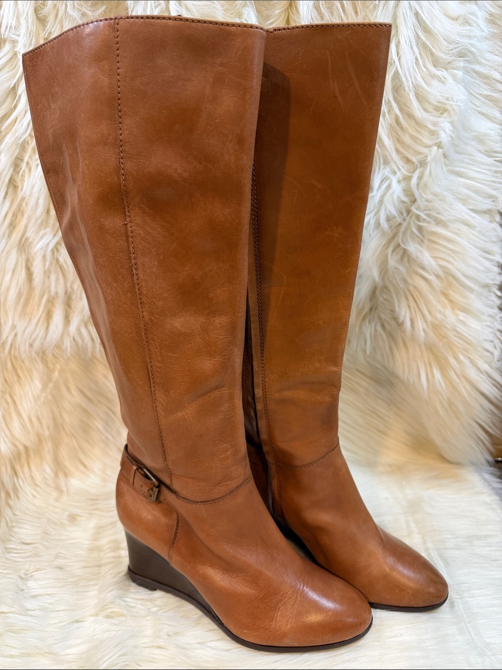 Ralph Lauren Tan Leather Wedge Knee-High Boots -Women’s Size 6B